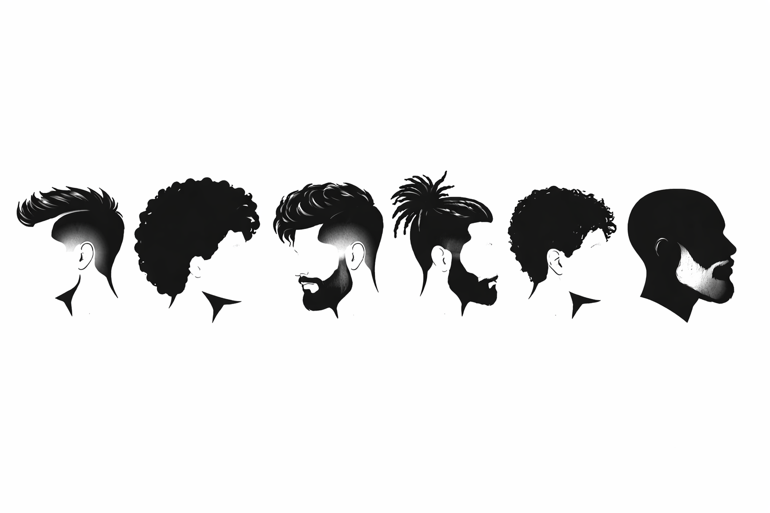 Silhouettes of various men's hairstyles, fades, and beard styles